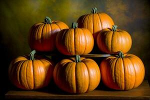 A Stack Of Pumpkins Sitting On Top Of A Wooden Table. AI Generated photo