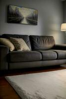 A Couch Sitting In A Living Room Next To A Lamp. AI Generated photo