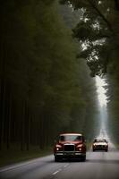 Two Cars Driving Down A Tree Lined Road. AI Generated photo