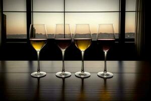 A Group Of Wine Glasses Sitting On Top Of A Wooden Table. AI Generated photo