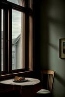 A Plate Of Food On A Table In Front Of A Window. AI Generated photo