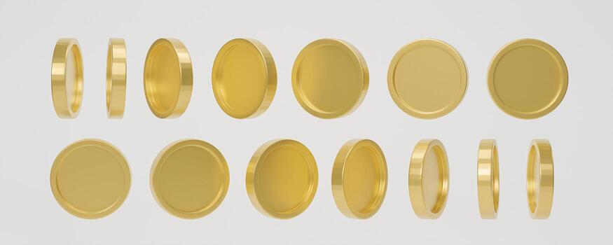 Set of golden coin in different shape on white background. 3d rendering. photo