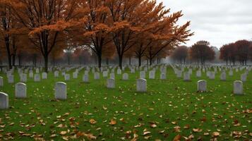 A Cemetery With Many Headstones And Trees In The Background. photo