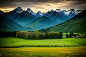 un pintura de un verde Valle con montañas en el antecedentes. ai generado foto