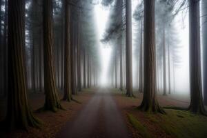 A Road In The Middle Of A Foggy Forest. AI Generated photo