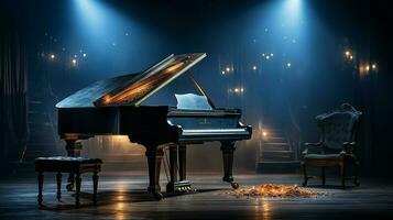 an old grand piano in the middle of dark blank room with god rays light it up AI generate photo