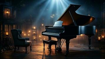 an old grand piano in the middle of dark blank room with god rays light it up AI generate photo