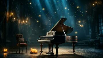 an old grand piano in the middle of dark blank room with god rays light it up AI generate photo