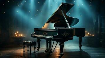 an old grand piano in the middle of dark blank room with god rays light it up AI generate photo