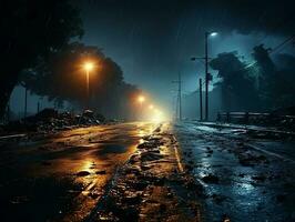 autopista la carretera en el noche con pesado lluvia y relámpago ai generativo foto
