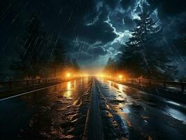 highway road in the night with heavy rain and lightning AI generative photo