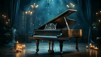 an old grand piano in the middle of dark blank room with god rays light it up AI generate photo