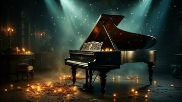 an old grand piano in the middle of dark blank room with god rays light it up AI generate photo