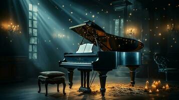 an old grand piano in the middle of dark blank room with god rays light it up AI generate photo