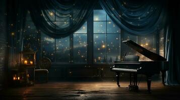 un antiguo grandioso piano en el medio de oscuro blanco habitación con Dios rayos ligero eso arriba ai generar foto