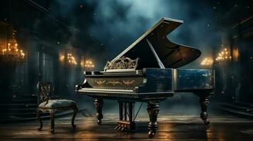 an old grand piano in the middle of dark blank room with god rays light it up AI generate photo