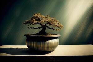 un bonsai árbol en un maceta en un mesa. ai generado foto