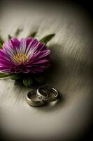Two Wedding Rings Sitting Next To A Purple Flower. AI Generated photo