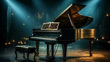 an old grand piano in the middle of dark blank room with god rays light it up AI generate photo