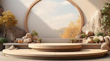 Podium background with cream color tone japanese style made by photo