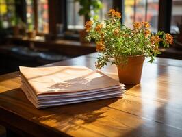 paper on the wooden table, real photography with smooth lighting and sun light AI generate photo