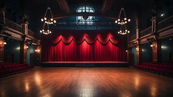 teatro escenario, con rojo cortina, de madera piso, sillas y Encendiendo ai generativo foto