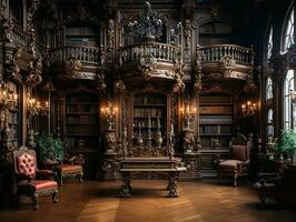 a photography of classical wooden library, insane detail AI generative photo