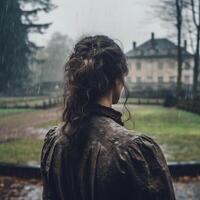 un espalda perfil de un niña en un lluvia a un parque de un Francia antiguo pueblos ai generativo foto