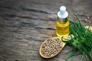 Hemp oil in the bottle and hemp seeds, Cannabis Oil - medical marijuana concept. photo