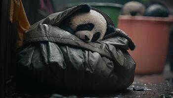 panda dormido en un negro basura bolso entre el pila de algo de el plastico residuos y el lluvia, el concepto de ahorro el planeta. generativo ai. foto