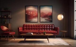 Modern living room illustration with sofa  and vintage art prints. AI Generative. photo