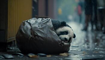Panda sleeping in a black trash bag Among the piles of plastic waste and the rain, the concept of saving the planet. . photo