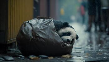 Panda sleeping in a black trash bag Among the piles of plastic waste and the rain, the concept of saving the planet. Generative AI. photo