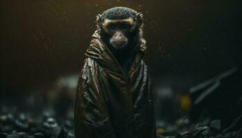 A monkey standing among the piles of plastic waste and the rain,Concept of saving the world. Generative AI. photo