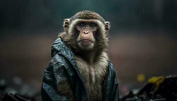 A monkey standing among the piles of plastic waste and the rain,Concept of saving the world. Generative AI. photo