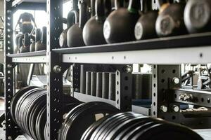 Gym Shelf with Strength Training Equipment photo