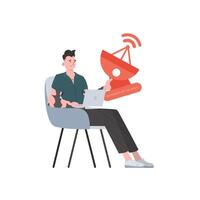 Internet of things and automation concept. The guy is holding a satellite dish in his hands. Isolated. Vector illustration in trendy flat style.