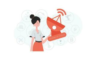 A woman holds a satellite dish in her hands. IOT and automation concept. Good for presentations and websites. Vector illustration in trendy flat style.