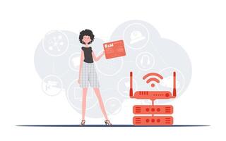 IOT and automation concept. A woman holds a panel with analyzers and indicators in her hands. Good for websites and presentations. Trendy flat style. Vector. vector