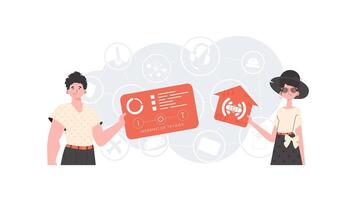 IoT concept. The girl and the guy are a team in the field of Internet of things. Good for websites and presentations. Trendy flat style. . vector