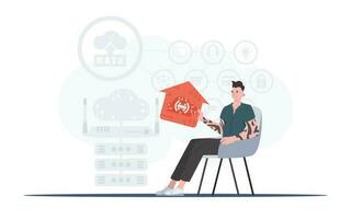 Internet of things and automation concept. A man sits in an armchair and holds a house icon in his hands. Good for websites and presentations. Vector illustration in trendy flat style.