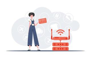 IoT concept. A woman holds a panel with analyzers and indicators in her hands. Good for websites and presentations. Trendy flat style. Vector. vector