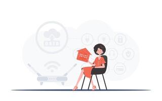 Internet of things concept. The girl sits in a chair and holds an icon of a house in her hands. Good for websites and presentations. illustration in trendy flat style. vector