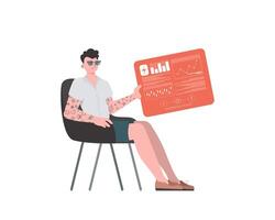 A man sits in a chair and holds a panel with analyzers and indicators in his hands. Internet of things and automation concept. Isolated. Vector illustration in trendy flat style.