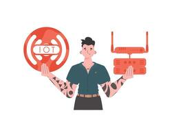 A man holds the internet of things logo in his hands. Router and server. Internet of things concept. Isolated. Vector illustration in trendy flat style.