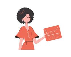A woman holds a panel with analyzers and indicators in her hands. Internet of things concept. Isolated. Trendy flat style. . vector