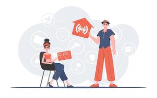 Internet of things concept. A man and a woman are a team in the field of the Internet of things. Good for presentations and websites. illustration. vector