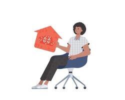 A man sits in a chair and holds a house icon in his hands. Internet of things concept. Isolated. Vector illustration in trendy flat style.