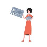 A woman stands in full growth with a piggy bank. Isolated. Flat style. Element for presentations, sites. vector