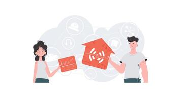 IoT concept. A man and a woman are a team in the field of the Internet of things. Good for presentations and websites. illustration in flat style. vector